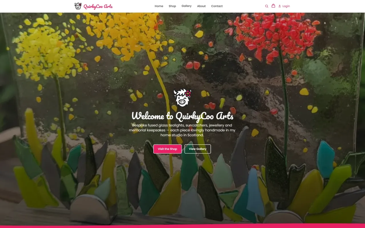 Quirky Coo Arts homepage, with handmade fused glass behind links to the shop and gallery