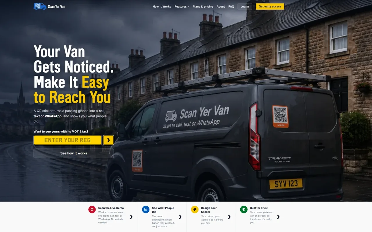 Scan Yer Van homepage: a trade van with QR stickers under the headline Your Van Gets Noticed. Make It Easy to Reach You, with a number-plate box to look up the MOT and tax of any van