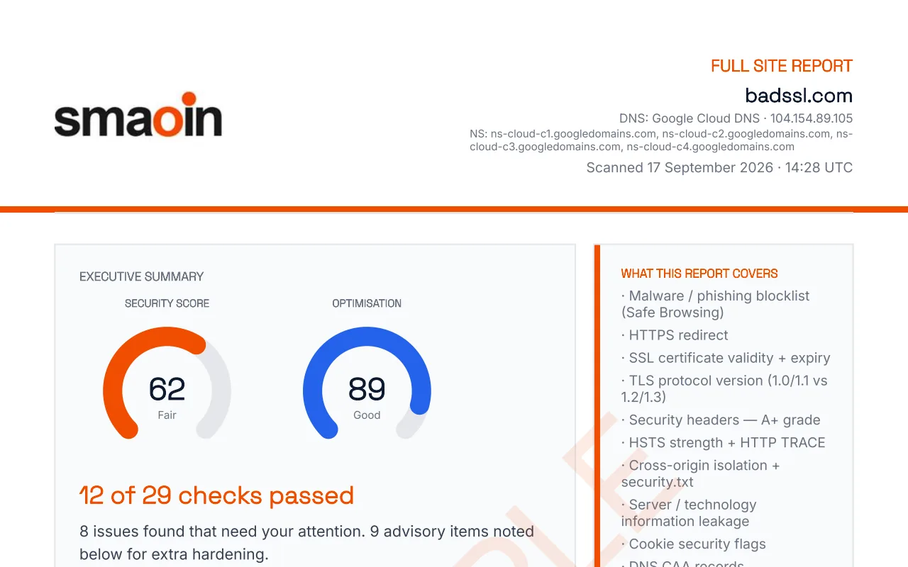 First page of a Website MOT Full Site Report, showing the security and optimisation scores and the checks summary